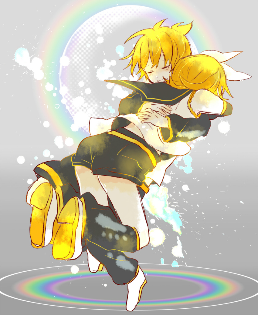 1boy 1girl 7:24 ^_^ blonde_hair checkered checkered_background closed_eyes closed_eyes detached_sleeves facing_away full_body grey_background hair_ribbon hands_on_another's_back highres hug kagamine_len kagamine_rin liquid rainbow ribbon sailor_collar shirt short_hair shorts simple_background stain teeth vocaloid white_ribbon white_shirt