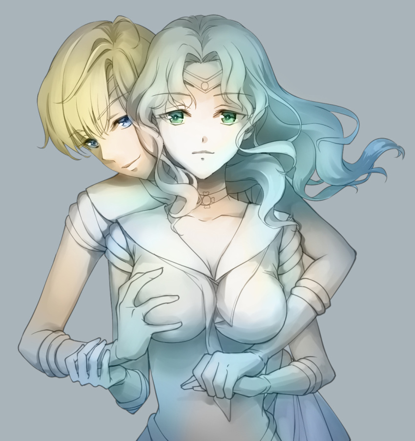 2girls bishoujo_senshi_sailor_moon blonde_hair blue_eyes blue_hair breast_grab breasts breasts_apart chocofox choker cleavage collarbone eyebrows_visible_through_hair floating_hair gloves grabbing green_eyes grey_background hand_holding highres limited_palette long_hair medium_breasts multiple_girls pleated_skirt sailor_collar sailor_neptune sailor_senshi_uniform sailor_uranus shirt short_hair simple_background skirt sleeveless sleeveless_shirt upper_body white_gloves white_sailor_collar white_shirt white_skirt yuri