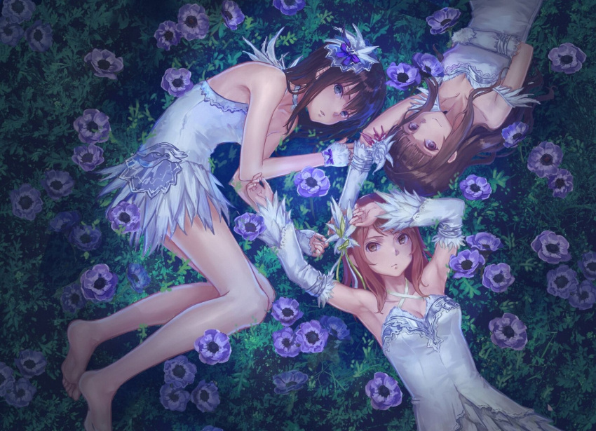 3girls armpits arms_up bangs bare_arms bare_legs bare_shoulders barefoot black_hair blue_eyes breasts brown_eyes brown_hair choker cleavage closed_mouth collarbone commentary_request criss-cross_halter detached_sleeves dress expressionless field flower flower_field flower_request grass hair_ornament hair_ribbon halterneck hand_on_own_chest hand_on_own_head highres houjou_karen idolmaster idolmaster_cinderella_girls kamiya_nao long_hair long_sleeves looking_at_viewer lying medium_breasts multiple_girls on_back on_side parted_lips plant purple_flower purple_ribbon ribbon roki_(0214278) shibuya_rin sidelocks sleeveless sleeveless_dress smile strapless strapless_dress thighs triad_primus upside-down violet_eyes white_choker white_dress wrist_cuffs