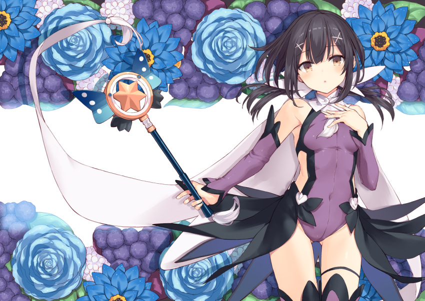 1girl ass_visible_through_thighs black_hair blue_berry blue_flower blue_rose breasts brown_eyes cape covered_navel cowboy_shot eyebrows_visible_through_hair fate/kaleid_liner_prisma_illya fate_(series) flower hair_between_eyes hair_ornament hairclip hand_on_own_chest kaleidostick leotard magical_girl magical_sapphire miyu_edelfelt nanananana negative_space purple_leotard rose small_breasts solo thigh-highs thigh_gap wand