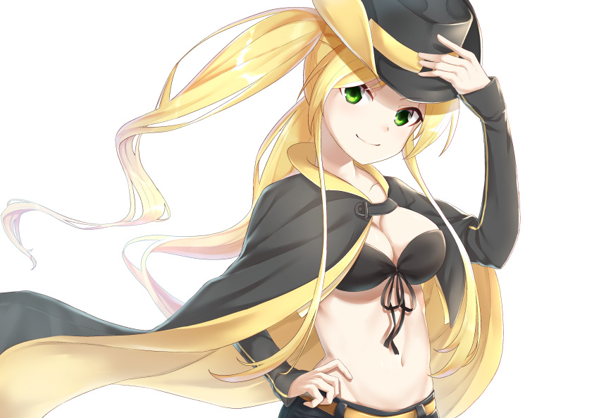 1girl absurdres azur_lane bangs belt blonde_hair breasts cape cleavage commentary_request cowboy_hat eyebrows_visible_through_hair front-tie_top green_eyes hat highres hornet_(azur_lane) kimidori3_karla large_breasts long_hair navel short_shorts shorts smile solo twintails upper_body very_long_hair white_background