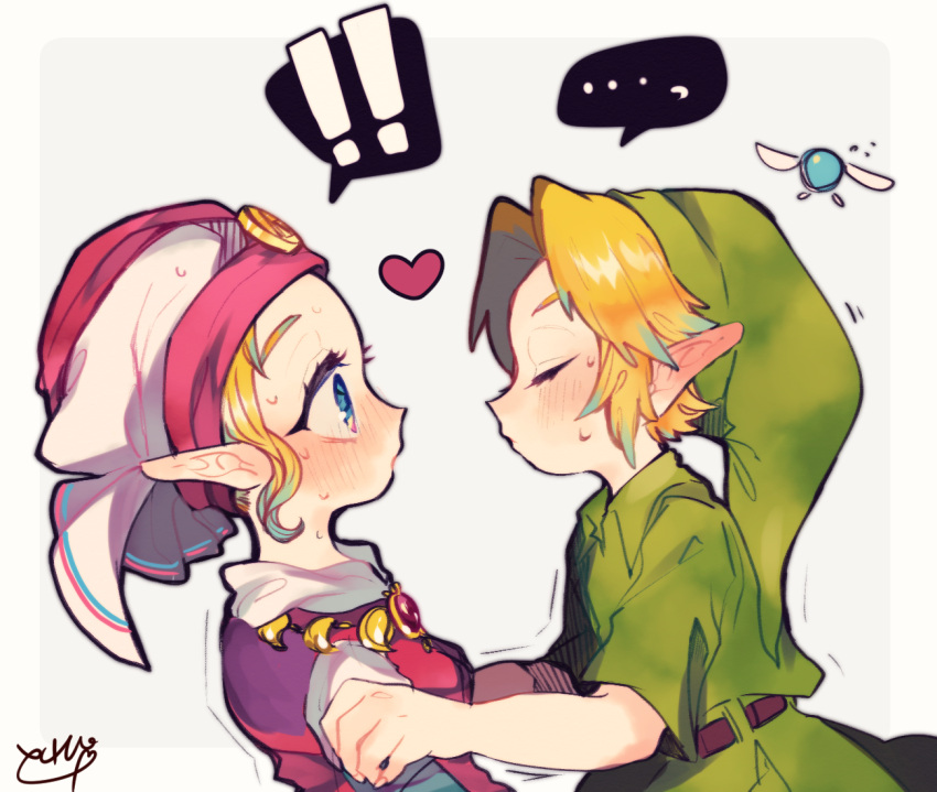 1boy 1girl blonde_hair blue_eyes blush dress gloves hat jewelry link nintendo pointy_ears princess_zelda repikinoko short_hair simple_background the_legend_of_zelda the_legend_of_zelda:_ocarina_of_time young_link young_zelda younger