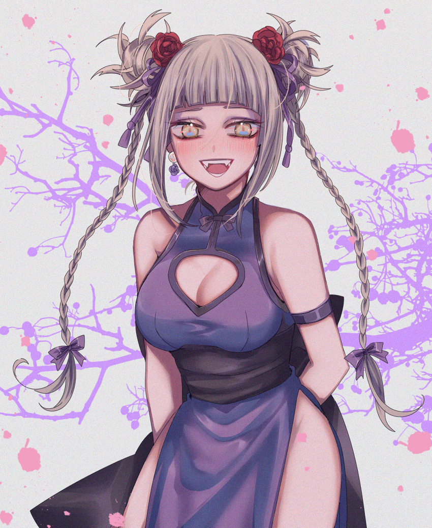 arms_behind_back bangs blonde_hair blush boku_no_hero_academia breasts china_dress chinese_clothes double_bun dress fangs flower hair_flower hair_ornament highres large_breasts long_hair mikan_(artist) open_mouth simple_background toga_himiko