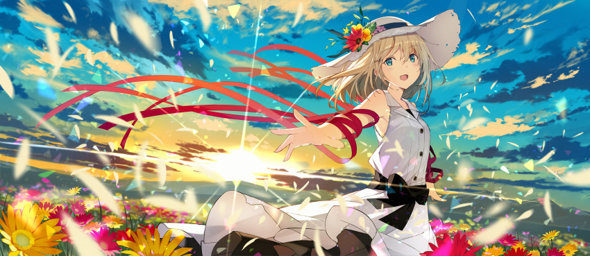 1girl :d arm_ribbon armpits bangs bare_shoulders black_bow blue_eyes blue_sky blurry blurry_foreground blush bow clouds cloudy_sky collared_dress commentary_request depth_of_field diffraction_spikes dress eyebrows_visible_through_hair field flower flower_field hair_between_eyes hat hat_flower highres light_brown_hair open_mouth original outdoors outstretched_arm red_flower red_ribbon revision ribbon sky sleeveless sleeveless_dress smile solo sun_hat sunset sutorora white_dress white_hat wide_shot yellow_flower
