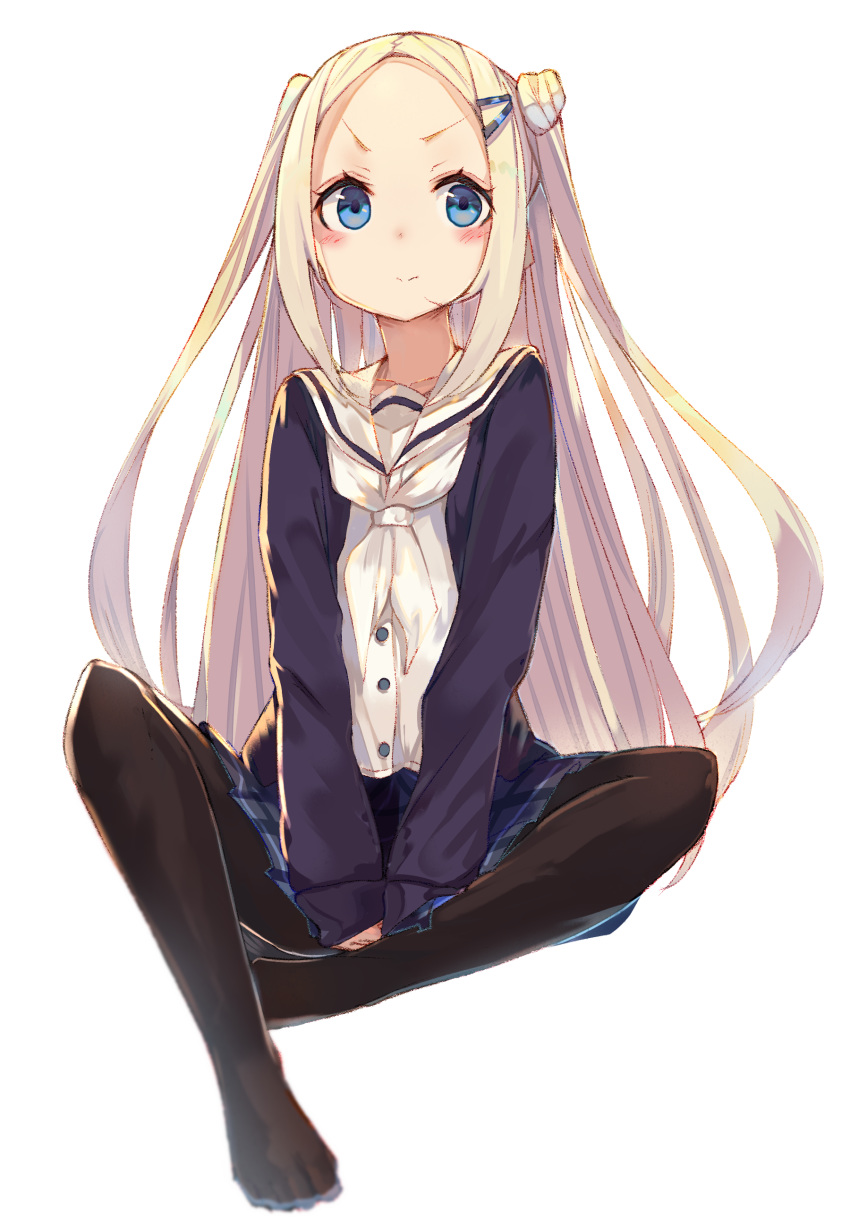 1girl absurdres bangs black_cardigan black_legwear blonde_hair blue_eyes blue_skirt blush cardigan closed_mouth commentary_request double_bun dress_shirt forehead full_body hair_ornament hairclip hana_n_fountainstand hanayamata highres long_hair long_sleeves looking_at_viewer neckerchief no_shoes open_cardigan open_clothes pantyhose parted_bangs pleated_skirt sailor_collar shirt simple_background sitting skirt sleeves_past_wrists solo tota_(sizukurubiks) two_side_up v-shaped_eyebrows very_long_hair white_background white_neckwear white_sailor_collar white_shirt