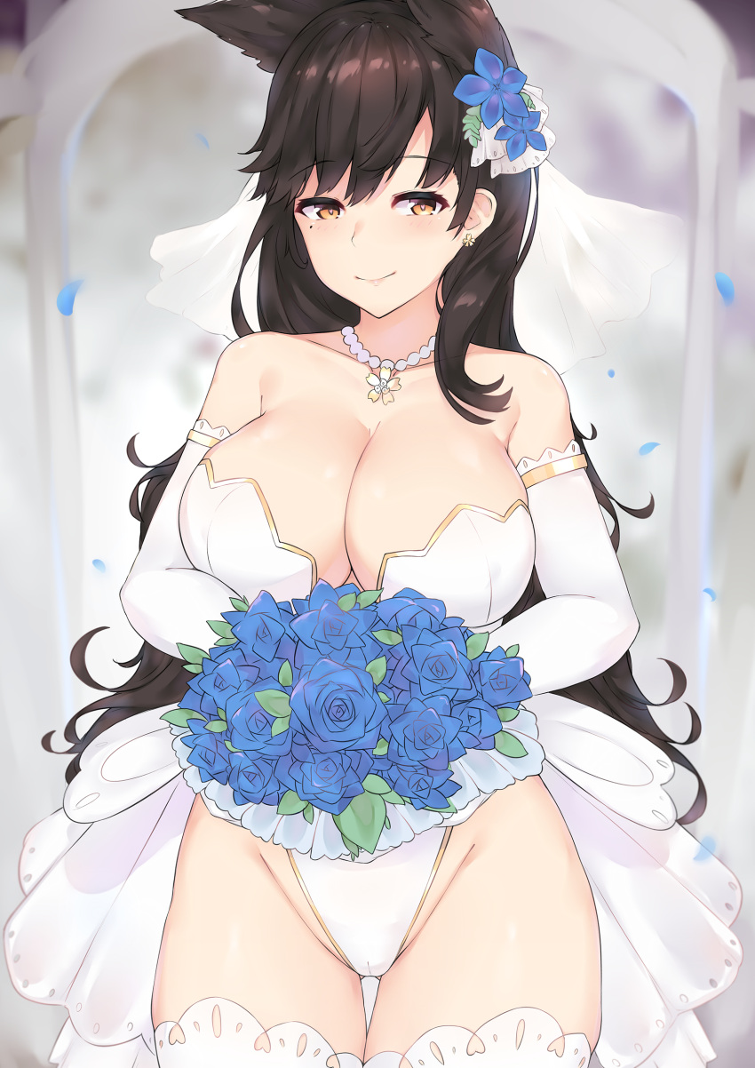 1girl absurdres animal_ears ass_visible_through_thighs atago_(azur_lane) azur_lane bangs black_hair blush bouquet breasts bridal_veil bride cleavage collarbone cowboy_shot dress earrings elbow_gloves extra_ears eyebrows_visible_through_hair flower flower_earrings flower_necklace gloves groin hair_flower hair_ornament heart heart-shaped_pupils highleg highleg_leotard highres holding holding_bouquet jewelry kuavera large_breasts leotard long_hair looking_at_viewer necklace open_mouth paid_reward patreon_reward petals smile solo standing strapless strapless_dress strapless_leotard swept_bangs symbol-shaped_pupils thigh-highs thigh_gap thighs veil very_long_hair wedding_dress white_flower white_gloves white_legwear white_leotard yellow_eyes