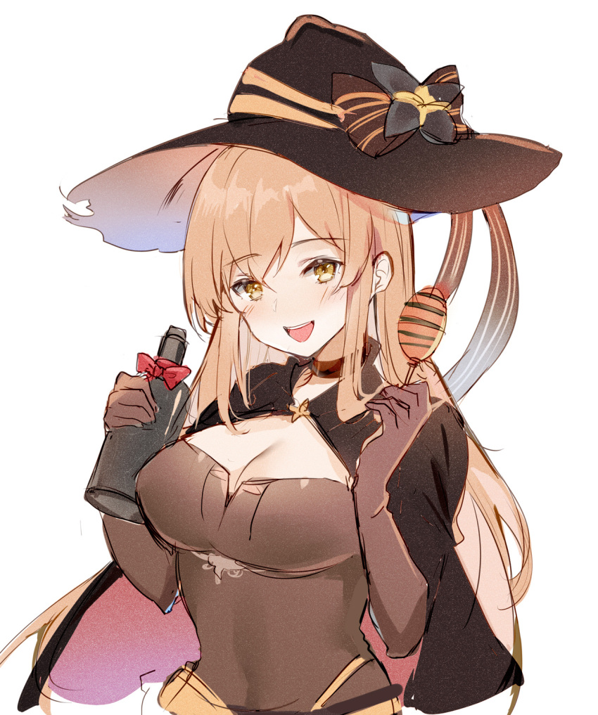 1girl :d bangs black_cape black_hat blush bottle bow breasts brown_bow brown_choker brown_eyes brown_gloves brown_shirt bxr cape character_request choker cleavage elbow_gloves eyebrows_visible_through_hair food girls_frontline gloves hair_between_eyes hands_up hat hat_bow head_tilt highres holding holding_bottle holding_food light_brown_hair long_hair looking_at_viewer medium_breasts multicolored multicolored_cape multicolored_clothes open_mouth red_cape shirt smile solo striped striped_bow upper_teeth very_long_hair witch_hat