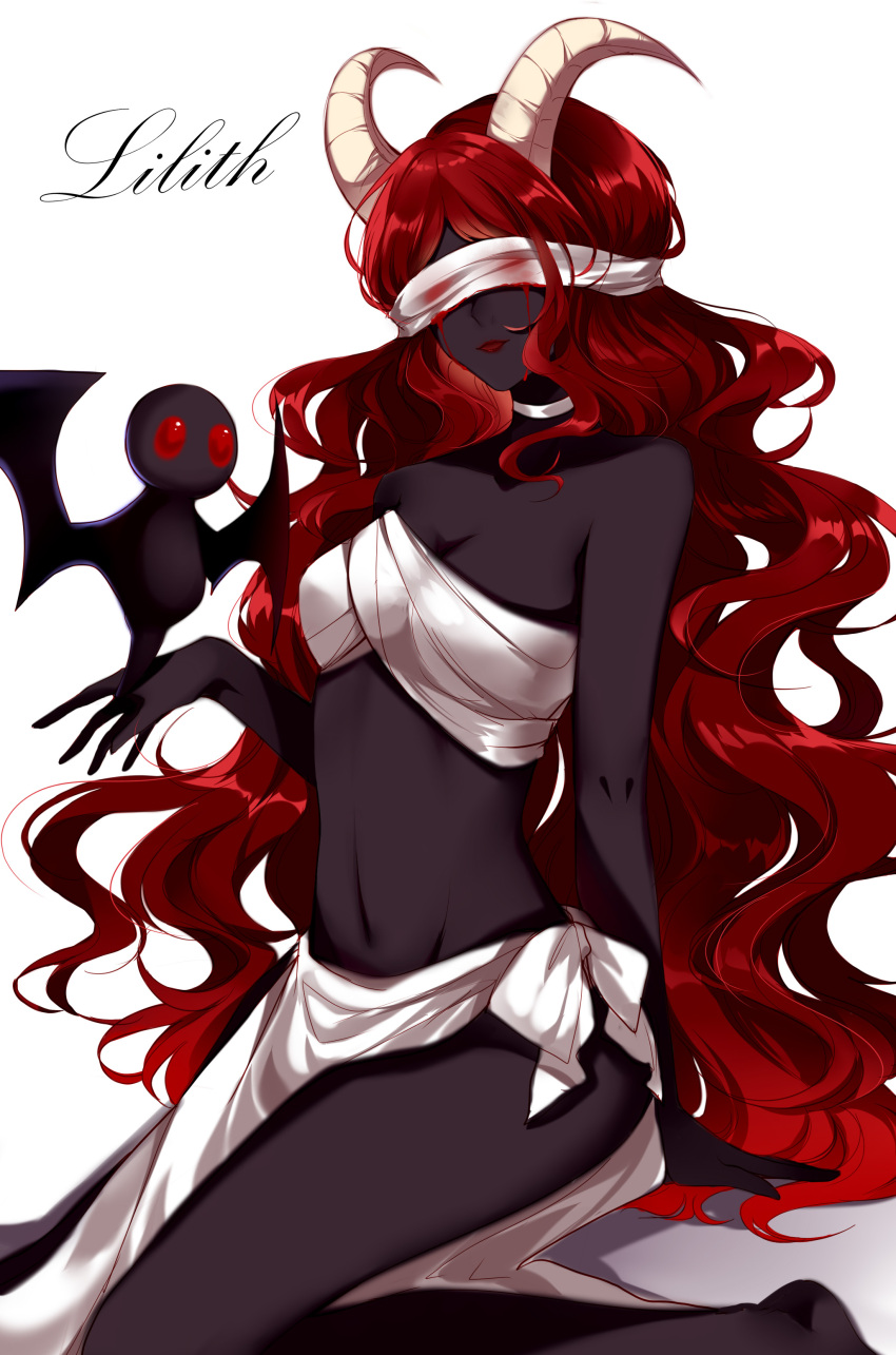 1girl absurdres arm_support bandage bare_arms bare_legs bare_shoulders barefoot blindfold blood breasts character_name choker cleavage collarbone commentary dark_skin demon feet_out_of_frame groin head_tilt highres horns lilith_(the_binding_of_isaac) lipstick long_hair makeup medium_breasts navel red_lipstick redhead sarashi sarong shadow sheya simple_background sitting solo stomach symbol_commentary the_binding_of_isaac thighs very_long_hair wariza wavy_hair white_background white_choker