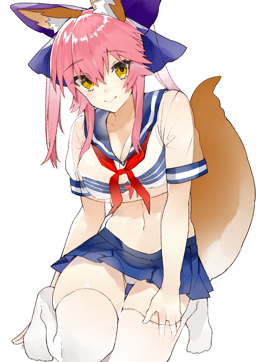 1girl absurdres animal_ear_fluff animal_ears bandeau bangs blue_bow blue_skirt blush bow breasts cleavage closed_mouth crop_top crop_top_overhang fate/extra fate_(series) fox_ears fox_girl fox_tail hair_bow highres hips kou_mashiro large_breasts long_hair looking_at_viewer navel neckerchief pink_hair pleated_skirt red_neckwear sailor_collar school_uniform see-through serafuku short_sleeves sidelocks skirt smile solo tail tamamo_(fate)_(all) tamamo_no_mae_(fate) thigh-highs thighs twintails white_legwear yellow_eyes