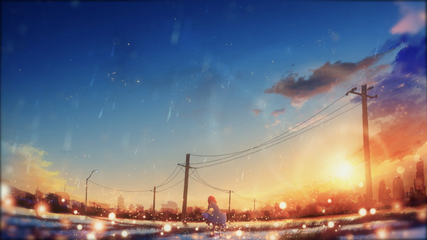 1girl blue_sky cityscape commentary_request day dress fisheye from_behind highres light_particles long_dress negative_space orange_hair original outdoors power_lines sky solo standing sunset telephone_pole white_dress y_y_(ysk_ygc)