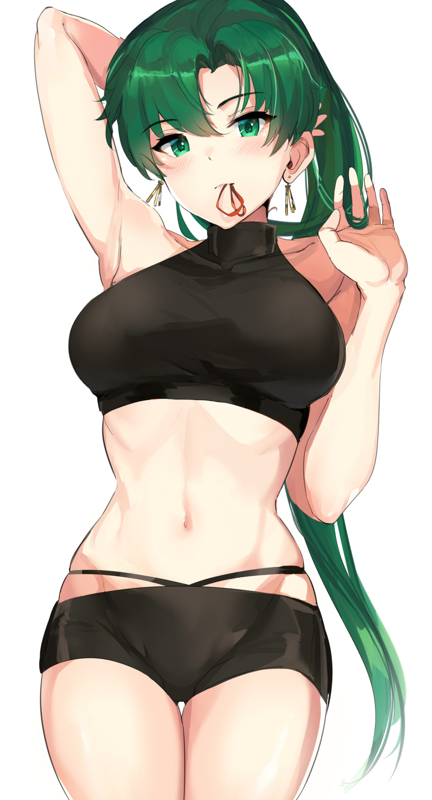 1girl absurdres alternate_costume arm_behind_head arm_up armpits bangs bare_arms bare_shoulders bike_shorts black_shorts blush breasts closed_mouth cowboy_shot earrings eyebrows_visible_through_hair fire_emblem fire_emblem:_rekka_no_ken fire_emblem_heroes green_eyes green_hair hair_tie hair_twirling head_tilt high_ponytail highres jewelry large_breasts long_hair looking_at_viewer lyndis_(fire_emblem) navel nintendo ormille parted_bangs ponytail shorts simple_background smile solo sports_bra stomach thigh_gap white_background