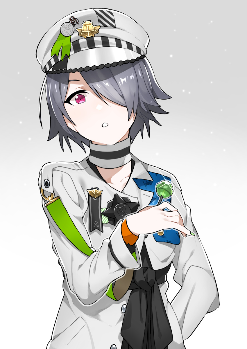 1girl absurdres choker collarbone glint gradient gradient_background green_nails grey_hair hair_over_one_eye hand_on_hip hat highres holding_lollipop isabella_(love_live) jacket long_sleeves looking_at_viewer love_live! love_live!_school_idol_festival medal military military_hat military_uniform nail_polish red_eyes sash short_hair solo tori_(game28) uniform upper_body white_choker white_hat white_jacket