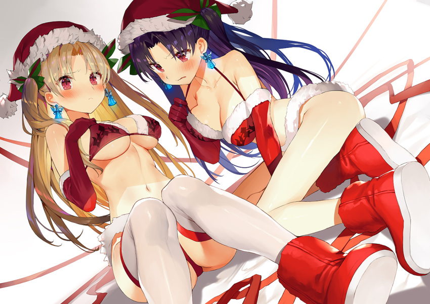 2girls arm_support armpit_crease ass bangs bare_shoulders bikini black_hair black_ribbon blonde_hair blush boots breasts christmas cleavage closed_mouth collarbone commentary_request earrings elbow_gloves embarrassed ereshkigal_(fate/grand_order) fate/grand_order fate_(series) frown fur_trim furrowed_eyebrows gloves glowing green_ribbon hair_ribbon hand_up hat ishtar_(fate/grand_order) jewelry large_breasts long_legs looking_at_viewer matsui_hiroaki medium_breasts multiple_girls navel one_side_up parted_bangs parted_lips red_bikini red_eyes red_gloves red_hat ribbon santa_boots santa_costume santa_hat sitting stomach swimsuit thigh-highs thighs two_side_up v-shaped_eyebrows white_legwear