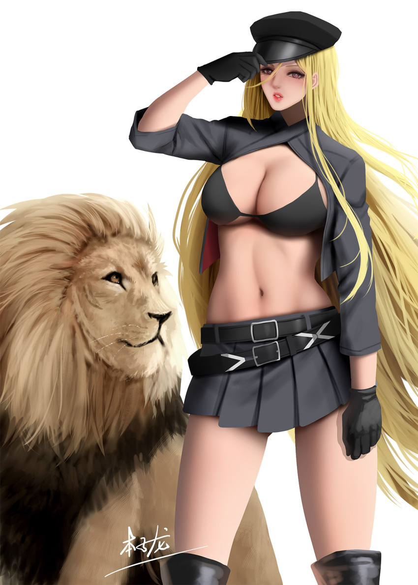 1girl animal belt black_bikini_top black_footwear black_gloves blonde_hair blush boots breasts brown_eyes cleavage gloves hand_on_headwear hat highres large_breasts lion lips long_hair looking_at_viewer navel original parted_lips pleated_skirt shrug_(clothing) skirt solo standing white_background zyl