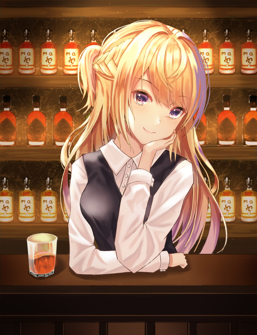 1girl alcohol arm_rest bangs bartender black_vest blonde_hair blush bottle braid breasts buttons chin_rest closed_mouth collared_shirt counter cup cup6542 dress_shirt drink drinking_glass eyebrows_visible_through_hair french_braid hand_up head_tilt highres indoors light_particles long_hair looking_at_viewer medium_breasts one_side_up original shirt smile solo vest violet_eyes white_shirt wine wine_bottle