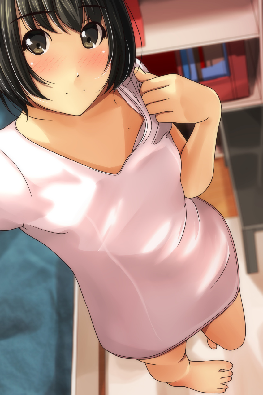 1girl absurdres bangs barefoot bed black_hair blurry blurry_background blush breasts brown_eyes closed_mouth coffee_table depth_of_field eyebrows_visible_through_hair foreshortening from_above hair_between_eyes head_tilt highres indoors matsunaga_kouyou original reaching_out self_shot shirt short_sleeves small_breasts smile solo standing standing_on_one_leg table toenails white_shirt
