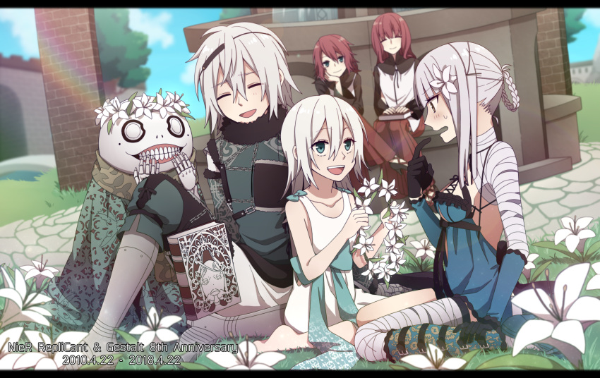 1boy 4girls bandage bandaged_arm bandaged_leg bandages blue_eyes book brother_and_sister commentary_request copyright_name devola emil_(nier) flower grimoire_weiss hair_flower hair_ornament head_wreath highres kaine_(nier) lingerie lunar_tear multiple_girls negligee nier nier_(series) nier_(young) popola rainbow redhead scarf siblings silver_hair tamakingx422x twins underwear yonah