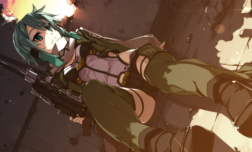 1girl anti-materiel_rifle aqua_eyes aqua_hair black_gloves black_shorts breasts closed_mouth commentary_request dutch_angle evening eyebrows_visible_through_hair fingerless_gloves gloves green_jacket gun hair_between_eyes hair_ornament hairclip highres jacket long_sleeves medium_breasts pgm_hecate_ii rifle scarf shikei shiny shiny_hair short_hair short_hair_with_long_locks short_shorts shorts sinon sitting sniper_rifle solo sword_art_online thigh-highs weapon