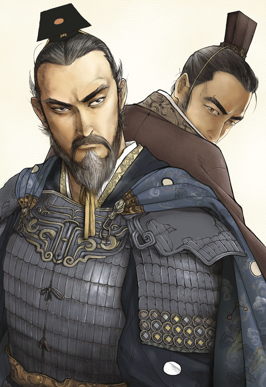 2boys absurdres armor beard black_hair black_hat blue_cape brown_eyes cao_cao cape chinese_clothes facial_hair hat highres kevin.h male_focus mini_hat multiple_boys romance_of_the_three_kingdoms sima_yi upper_body white_background