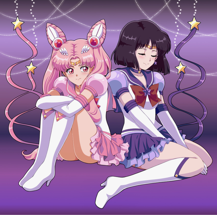 2girls between_legs bishoujo_senshi_sailor_moon black_hair boots bow bowtie circlet closed_eyes crossed_arms double_bun earrings full_body hand_between_legs high_heel_boots high_heels highres jewelry knee_boots layered_skirt leg_up long_hair looking_to_the_side miniskirt moon-realm multiple_girls pink_hair pink_sailor_collar pink_skirt purple_background purple_sailor_collar purple_skirt red_bow red_eyes red_neckwear sailor_chibi_moon sailor_collar sailor_saturn shiny shiny_hair shirt short_hair short_sleeves sitting skirt smile star star_earrings wariza white_footwear white_shirt