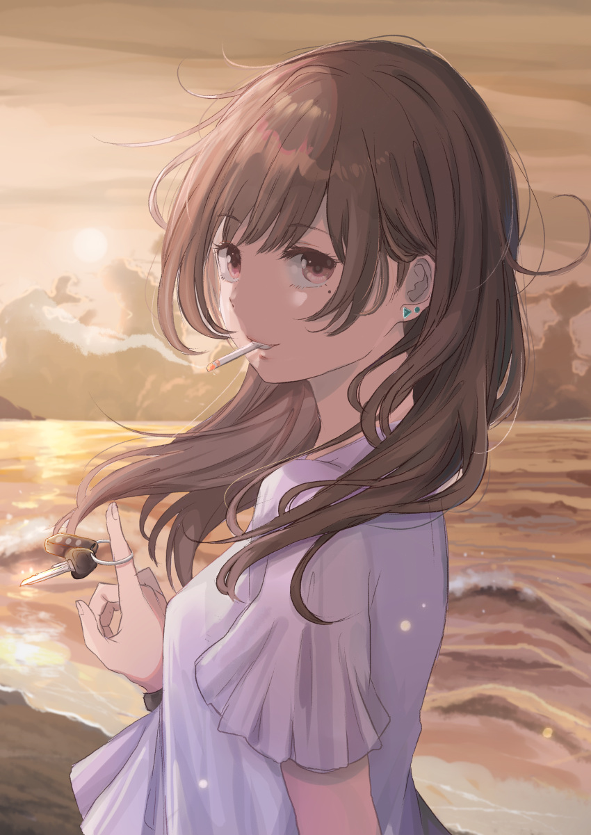 1girl absurdres arm_at_side backlighting bangs beach blouse brown_hair cigarette clouds cloudy_sky commentary_request earrings eyebrows_visible_through_hair from_side hand_up highres ibuki_(ibuki0118) index_finger_raised jewelry key long_hair looking_at_viewer looking_to_the_side mole mole_under_eye mouth_hold ocean original outdoors red_eyes sanpaku shirt short_sleeves sidelocks sky smoke smoking solo sun sunlight sunset upper_body water white_shirt wristband