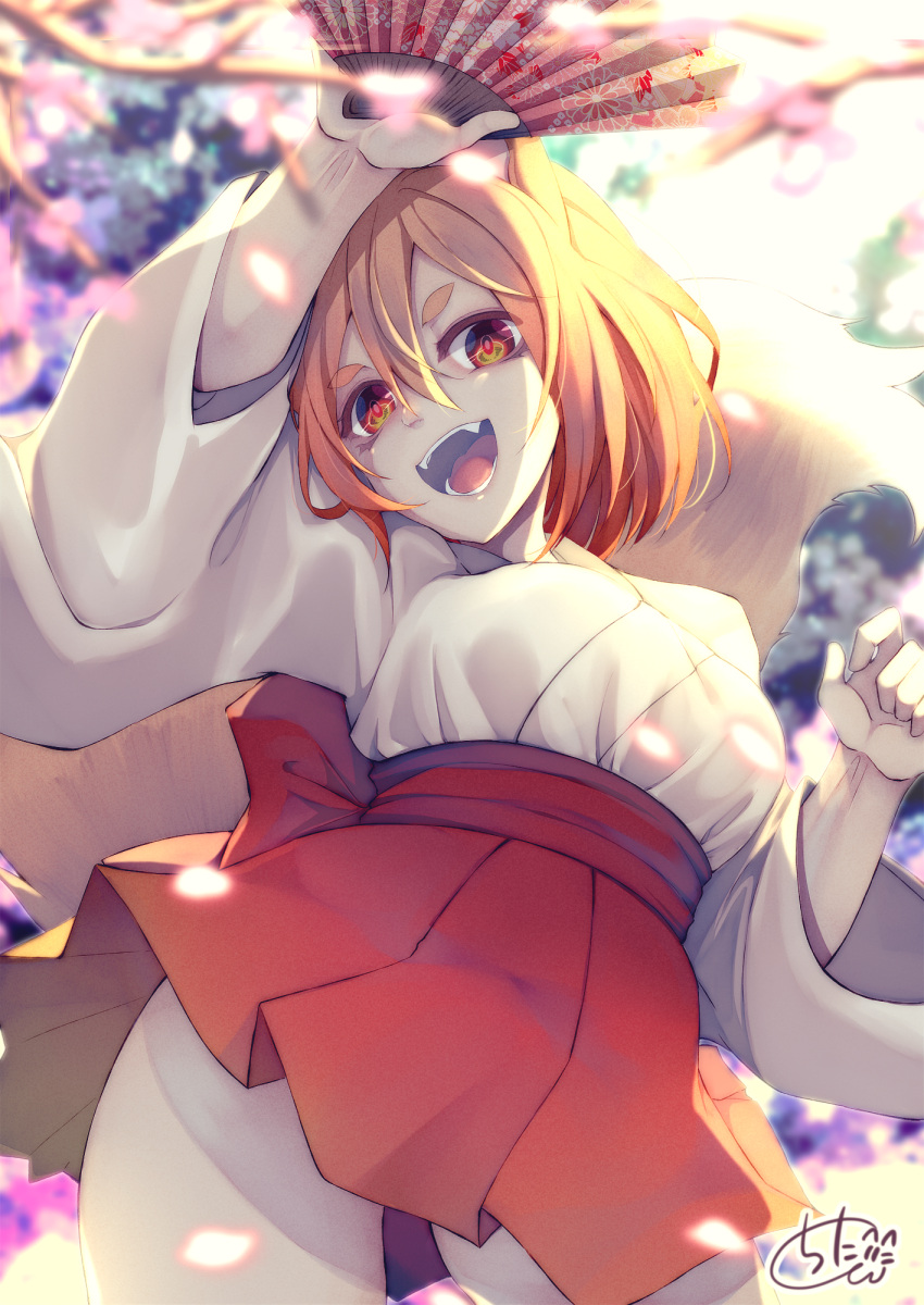 1girl :d animal_ears arm_up bangs blurry blurry_foreground bow breasts chita_(ketchup) commentary_request contrapposto depth_of_field eyebrows_visible_through_hair fan fangs folding_fan fox_ears fox_girl fox_tail hair_between_eyes head_tilt highres holding holding_fan japanese_clothes kimono light_brown_hair long_sleeves medium_breasts open_mouth original pleated_skirt red_bow red_eyes red_skirt short_eyebrows short_kimono signature skirt smile solo standing tail tail_raised thick_eyebrows tree_branch white_kimono wide_sleeves
