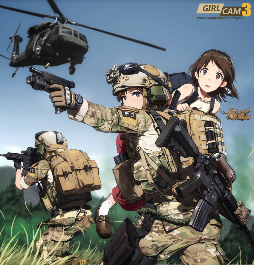 3girls action aircraft ammunition armor assault_rifle bag blonde_hair blue_eyes boots brown_eyes brown_hair camouflage carrying_over_shoulder glasses glock gloves gun handgun headband heckler_&amp;_koch helicopter helmet highres hk416 holding holding_gun holding_weapon load_bearing_vest looking_at_viewer m4_carbine magazine_(weapon) military military_operator military_uniform military_vehicle multiple_girls ocp_(camo) original person_carrying rifle short_hair soldier stuffed_animal stuffed_toy tantu_(tc1995) teddy_bear uh-60_blackhawk uniform us_air_force watch watch weapon weapon_on_back