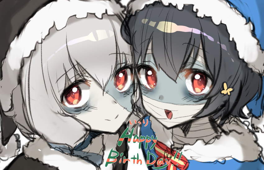 2girls absurdres alternate_costume bandage black_hair commentary_request eyebrows_visible_through_hair hair_between_eyes hair_ornament hat highres konno_junko looking_at_viewer mizuno_ai multiple_girls neginoki patchwork_skin red_eyes santa_costume santa_hat short_hair silver_hair zombie zombie_land_saga