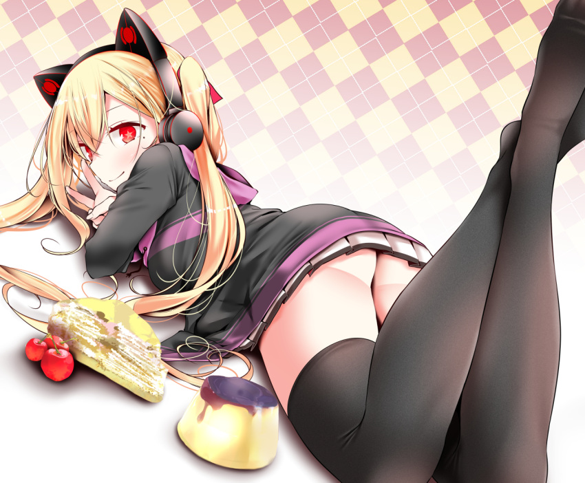 1girl ass azur_lane bangs black_legwear blonde_hair blush breasts cake candy cat_ear_headphones cherry commentary_request concord_(azur_lane) crossed_ankles eyebrows_visible_through_hair fang feet feet_up fine_fabric_emphasis food fruit hair_between_eyes hair_ribbon headphones hood hood_down hooded_jacket jacket long_hair long_sleeves looking_back lying medium_breasts mole mole_under_eye mouth_hold no_shoes on_stomach oouso open_clothes open_jacket pleated_skirt pudding red_eyes red_ribbon ribbon sidelocks skirt solo star star-shaped_pupils symbol-shaped_pupils thigh-highs thighs toes twintails twitter_username v white_skirt