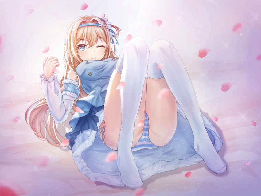 1girl absurdres alternate_costume ass bangs blonde_hair blue_dress blue_eyes blue_panties blush breasts buttons closed_mouth detached_sleeves dress eyebrows_visible_through_hair girls_frontline hair_between_eyes hair_ornament hairband hand_up highres juliet_sleeves knees_together_feet_apart knees_up light_particles long_hair long_sleeves looking_at_viewer lying medium_breasts necoring862 on_back one_eye_closed panties petals puffy_sleeves side-tie_panties sidelocks skindentation snowflake_hair_ornament solo striped striped_panties suomi_kp31_(girls_frontline) thigh-highs thighs underwear white_legwear