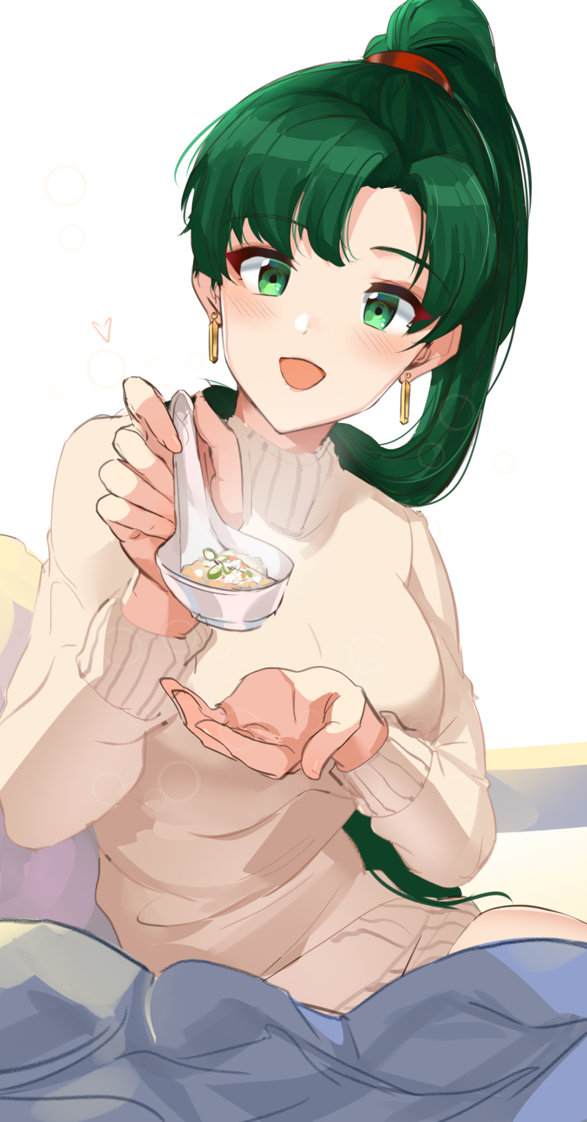 1girl :d alternate_costume bangs blanket blush breasts dress eyebrows_visible_through_hair fire_emblem fire_emblem:_rekka_no_ken fire_emblem_heroes food green_eyes green_hair grey_sweater head_tilt heart high_ponytail highres holding holding_spoon incoming_food large_breasts long_hair long_sleeves looking_at_viewer lyndis_(fire_emblem) nintendo open_mouth ormille parted_bangs ponytail simple_background sitting smile solo spoon steam sweater sweater_dress white_background