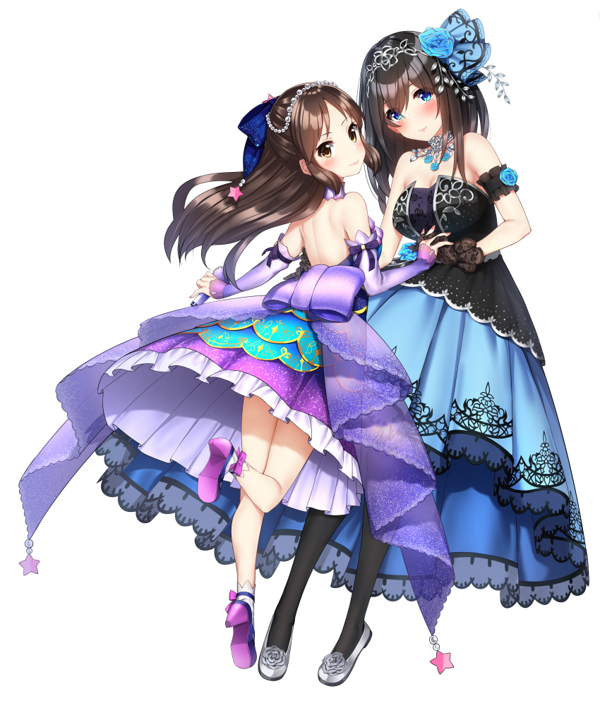 2girls absurdres arm_garter bangs bare_back bare_shoulders beads black_dress black_gloves black_hair blue_eyes blue_flower blue_ribbon blue_rose blush breasts brown_hair cleavage closed_mouth commentary_request detached_sleeves dress eyebrows_visible_through_hair floating_hair flower frilled_dress frills gloves go-1 grey_flower grey_rose hair_flower hair_ornament hair_ribbon hand_holding head_tilt headdress high_heels highres holding holding_microphone huge_filesize idolmaster idolmaster_cinderella_girls interlocked_fingers leg_up loafers long_dress long_hair long_sleeves looking_at_viewer looking_back medium_breasts microphone multiple_girls nail_polish pink_nails purple_dress purple_ribbon ribbon rose sagisawa_fumika shoes sidelocks simple_background sleeveless sleeveless_dress sleeves_past_wrists smile star strapless strapless_dress tachibana_arisu white_background white_footwear yellow_eyes