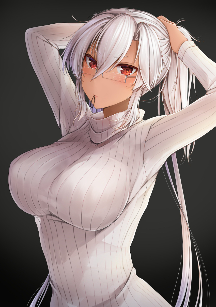 1girl absurdres adjusting_hair arms_behind_head black_background blush breasts dark_skin glasses hair_between_eyes hair_tie highres kantai_collection large_breasts long_hair long_sleeves looking_at_viewer messy_hair mouth_hold musashi_(kantai_collection) ponytail red_eyes ribbed_sweater simple_background solo sweater turtleneck turtleneck_sweater twintails upper_body very_long_hair white_hair white_sweater yunamaro