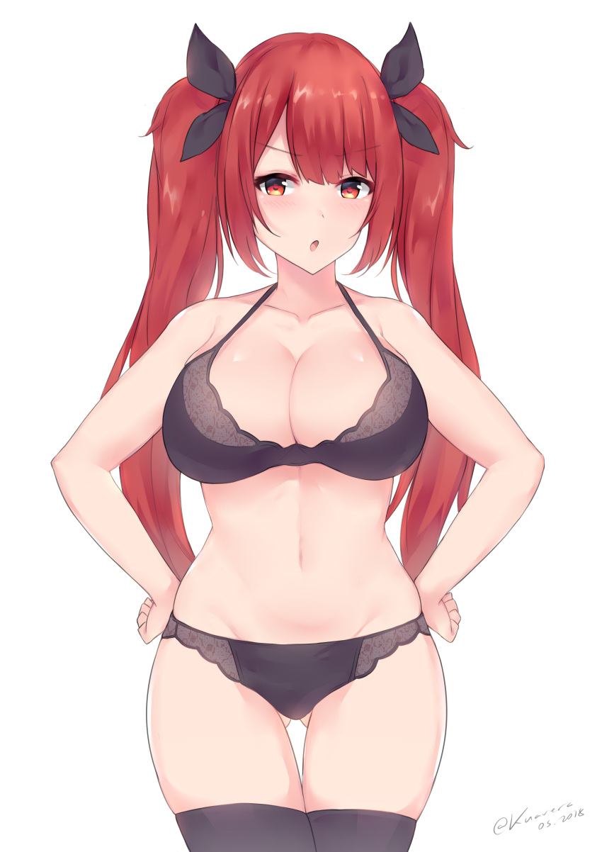 1girl :o absurdres ass_visible_through_thighs azur_lane bangs bare_shoulders black_bra black_legwear black_panties blush bra breasts cleavage collarbone cowboy_shot eyebrows_visible_through_hair eyes_visible_through_hair groin hands_on_hips highres hips honolulu_(azur_lane) kuavera lace lace-trimmed_bra lace-trimmed_panties large_breasts long_hair looking_at_viewer midriff navel paid_reward panties parted_lips patreon_reward red_eyes redhead shiny shiny_skin sidelocks simple_background solo standing stomach thigh-highs thigh_gap thighs twintails underwear underwear_only very_long_hair white_background