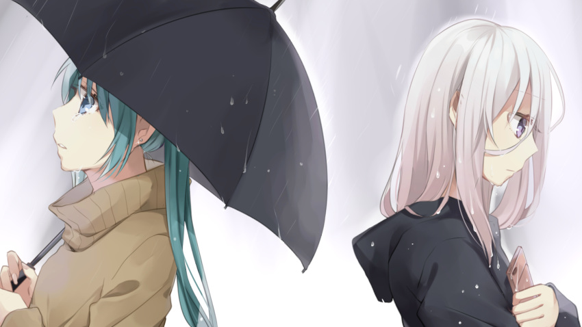 2girls bangs black_jacket black_umbrella blue_eyes brown_sweater cellphone closed_mouth commentary_request earrings eyebrows_visible_through_hair fingernails glint green_hair hachimitsu_honey hair_between_eyes hatsune_miku holding holding_cellphone holding_phone holding_umbrella hood hood_down hooded_jacket ia_(vocaloid) jacket jewelry long_hair looking_away looking_down looking_up multiple_girls parted_lips phone rain stud_earrings sweater tears umbrella upper_body very_long_hair violet_eyes vocaloid white_hair