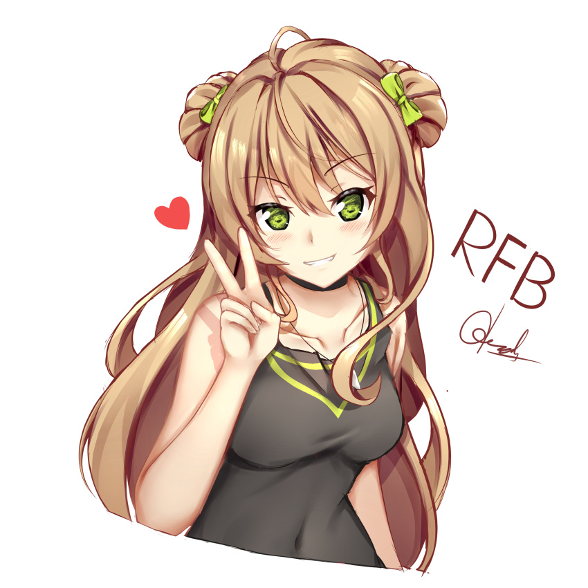 1girl absurdres bangs bare_arms bare_shoulders black_choker black_dress blush bow breasts character_name choker chrisandita collarbone commentary covered_navel cropped_torso dog_tags double_bun dress eyebrows_visible_through_hair girls_frontline green_bow grin hair_between_eyes hair_bow hand_up head_tilt heart highres light_brown_hair long_hair medium_breasts rfb_(girls_frontline) side_bun simple_background sleeveless sleeveless_dress smile solo v very_long_hair white_background