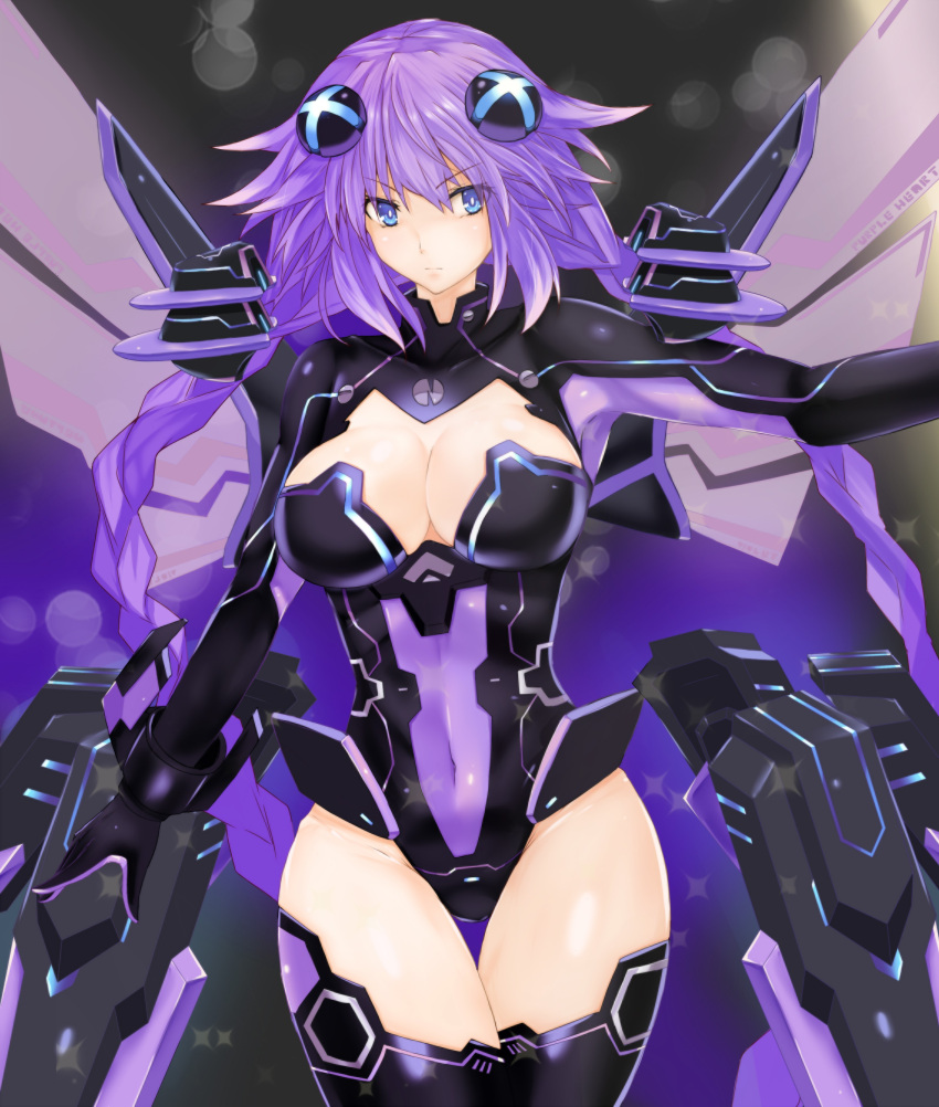1girl absurdres blue_eyes braid breasts cleavage cleavage_cutout commentary_request covered_navel cowboy_shot hair_between_eyes hair_ornament highres hips large_breasts leotard long_hair looking_at_viewer mechanical_wings neptune_(series) outstretched_arm power_symbol purple_hair purple_heart serious shishin_(shishintei) skin_tight solo symbol-shaped_pupils thigh-highs thigh_gap thighs twin_braids twintails very_long_hair wings