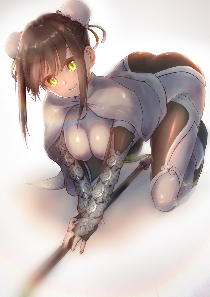 1girl absurdres all_fours arm_guards ass bangs black_gloves black_hair bodysuit breasts bun_cover cape chinese_clothes commentary_request double_bun eyebrows_visible_through_hair fate/grand_order fate_(series) fingerless_gloves gloves green_eyes highres karu_(ricardo_2628) medium_breasts polearm qin_liangyu_(fate) sidelocks simple_background skin_tight smile solo spear thighs weapon white_cape