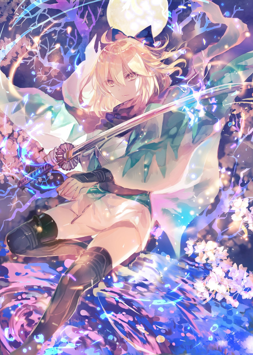 1girl ahoge arm_guards bangs bare_tree black_bow black_legwear black_scarf blonde_hair bow closed_mouth commentary_request fate/grand_order fate_(series) flower full_moon hair_between_eyes hair_bow haori highres holding holding_sword holding_weapon japanese_clothes katana kimono leg_up light_particles looking_at_viewer moon obi okita_souji_(fate) okita_souji_(fate)_(all) rioka_(southern_blue_sky) sash scarf shin_guards shinsengumi short_hair short_kimono sidelocks solo sword thigh-highs tree v-shaped_eyebrows weapon white_flower yellow_eyes