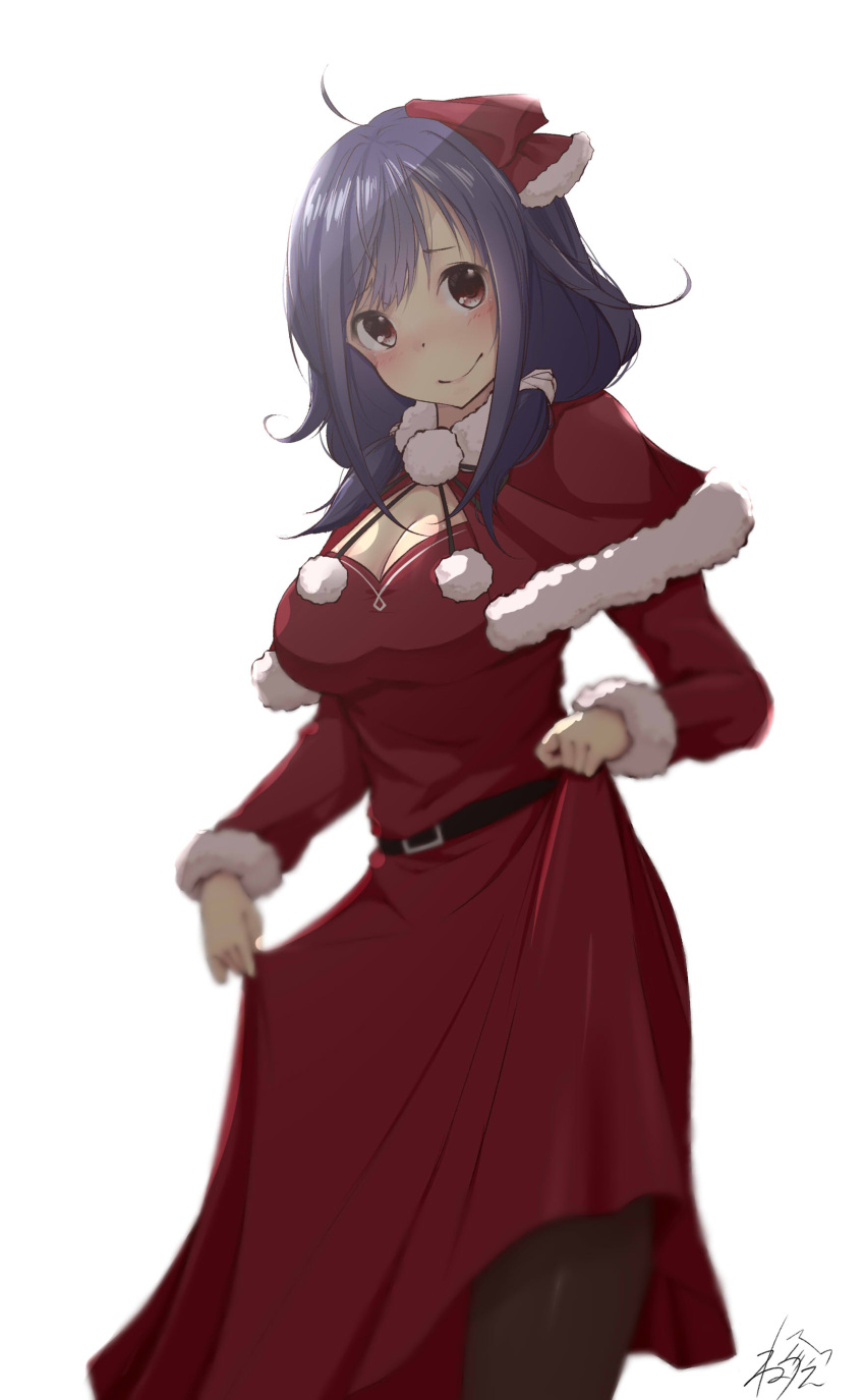 absurdres alternate_costume belt black_belt blush breasts cleavage closed_mouth dress eyebrows_visible_through_hair greyscale hair_flaps highres kantai_collection large_breasts long_dress long_hair long_sleeves looking_at_viewer low_twintails monochrome neve pantyhose purple_hair red_eyes santa_costume simple_background smile taigei_(kantai_collection) twintails white_background