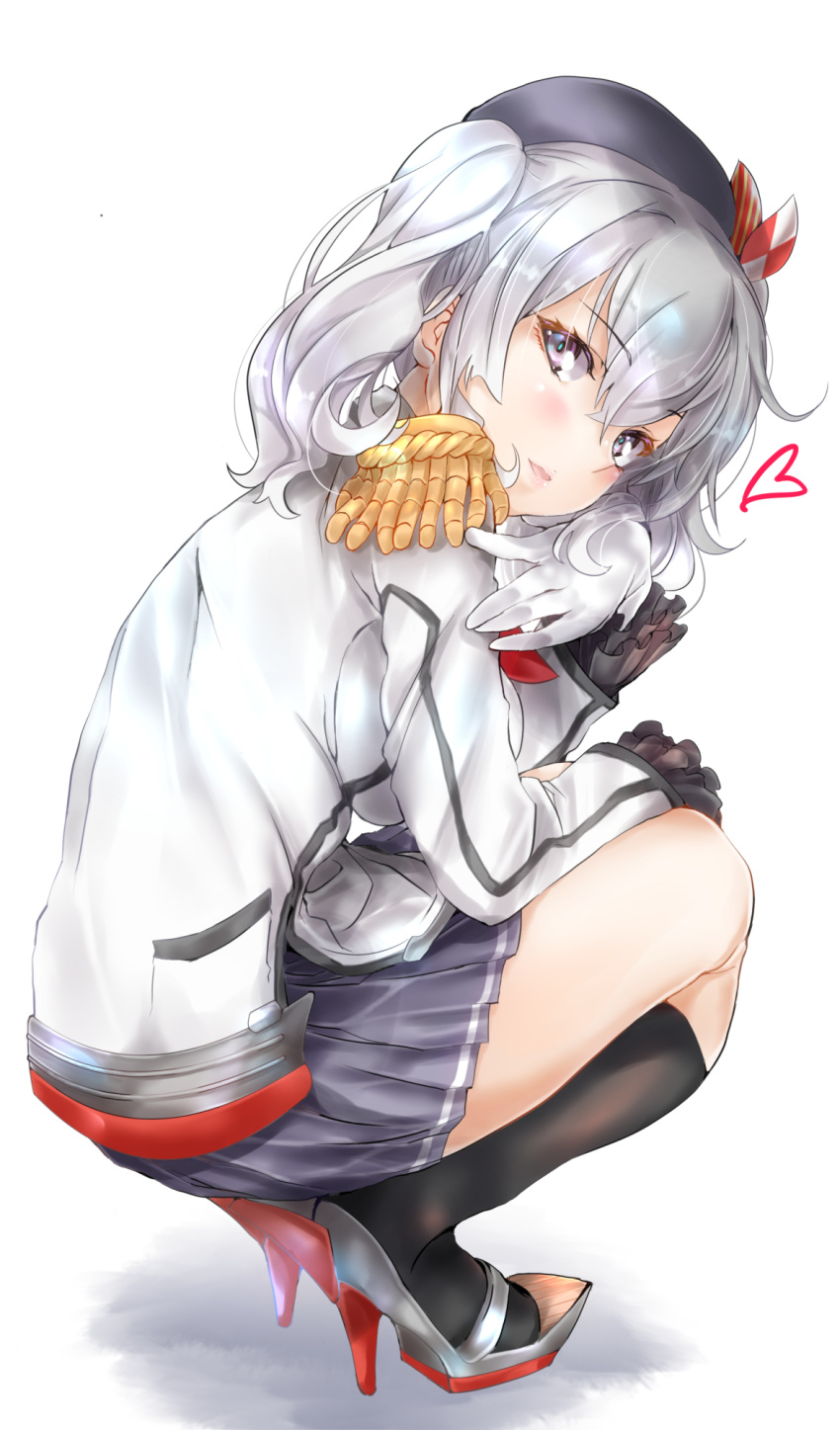 1girl beret black_hat black_legwear blue_eyes blush breasts epaulettes frilled_sleeves frills from_side gloves grey_shirt hat heart highres jacket kantai_collection kashima_(kantai_collection) kneehighs large_breasts long_hair long_sleeves looking_at_viewer looking_back military military_jacket military_uniform neckerchief open_mouth pleated_skirt red_neckwear rudder_shoes shirt sidelocks silver_hair simple_background skirt smile solo squatting tororo_ten tsurime twintails uniform wavy_hair white_background white_gloves white_jacket