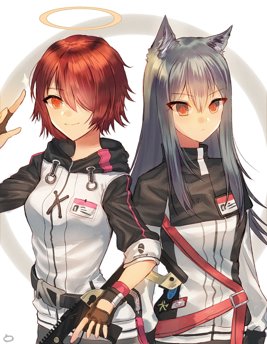 2girls animal_ears arknights clothes_writing exusiai_(arknights) fingerless_gloves gloves hair_over_one_eye halo highres hood hoodie long_sleeves looking_at_viewer multiple_girls name_tag red_eyes redhead short_hair silver_hair smile texas_(arknights) xanax025