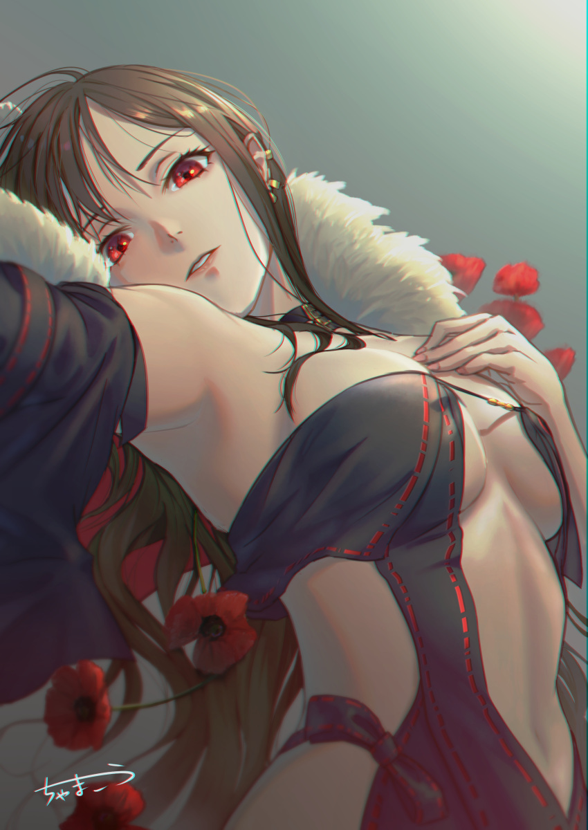 1girl absurdres bangs black_choker black_dress black_hair breasts breasts_apart chama_kou choker collarbone commentary_request consort_yu_(fate) dress earrings eyebrows_behind_hair fate/grand_order fate_(series) flower fur-trimmed_jacket fur_trim hair_between_eyes highres jacket jewelry long_hair looking_at_viewer lying medium_breasts navel on_back open_clothes open_jacket red_eyes revealing_clothes solo very_long_hair