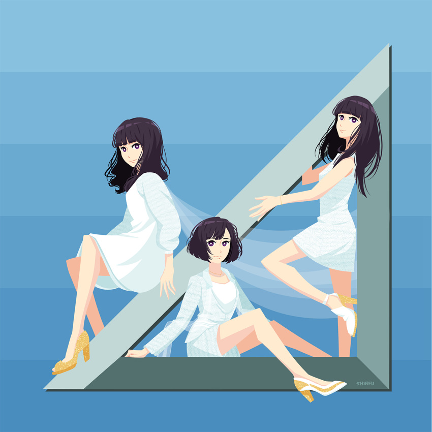 3girls :3 arm_up artist_name a~chan closed_mouth full_body high_heels highres kashiyuka knee_up long_hair long_sleeves looking_at_viewer multiple_girls nocchi_(perfume) perfume purple_hair shirt shirt_under_shirt shoes short_hair shorts sitting sleeveless sleeveless_shirt smile standing stephanie_shih traingle_(album) violet_eyes white_shirt white_shorts yellow_footwear