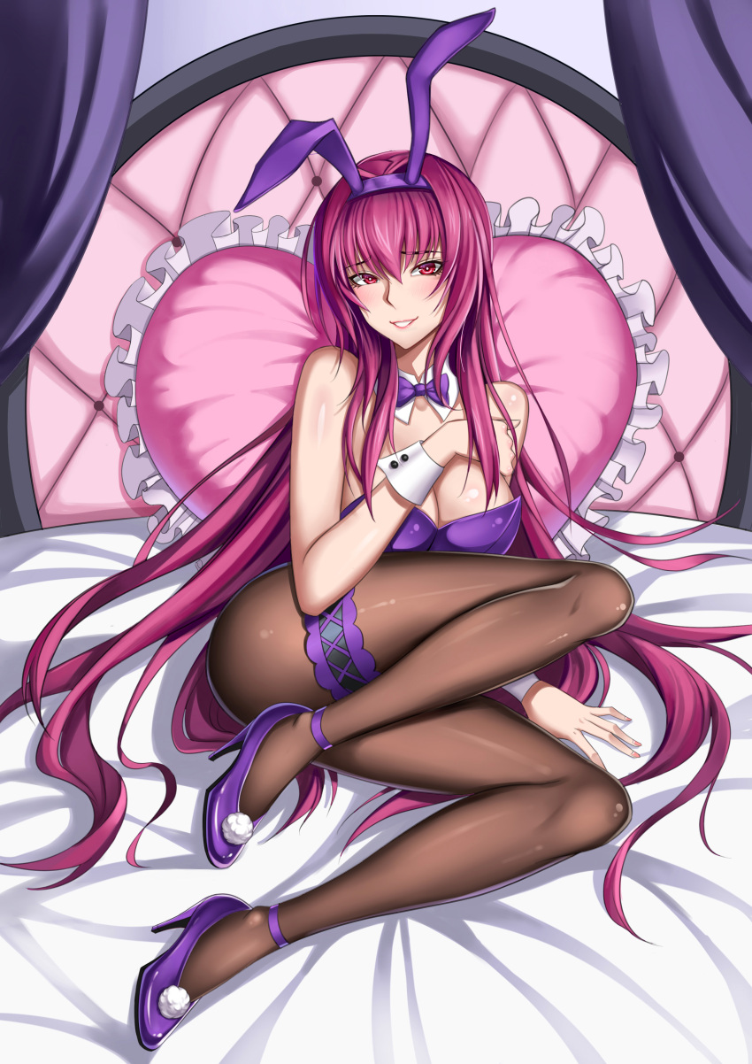 1girl absurdres animal_ears bed black_legwear breasts bunny_girl bunnysuit cleavage commentary_request curtains fate/grand_order fate_(series) fishnet_pantyhose fishnets full_body garter_belt heart heart_pillow high_heels highres large_breasts leotard light_smile long_hair looking_at_viewer pantyhose parted_lips pillow purple_footwear purple_hair purple_leotard purple_neckwear rabbit_ears red_eyes scathach_(fate)_(all) scathach_(fate/grand_order) sitting solo strapless strapless_leotard xiao_gen yokozuwari