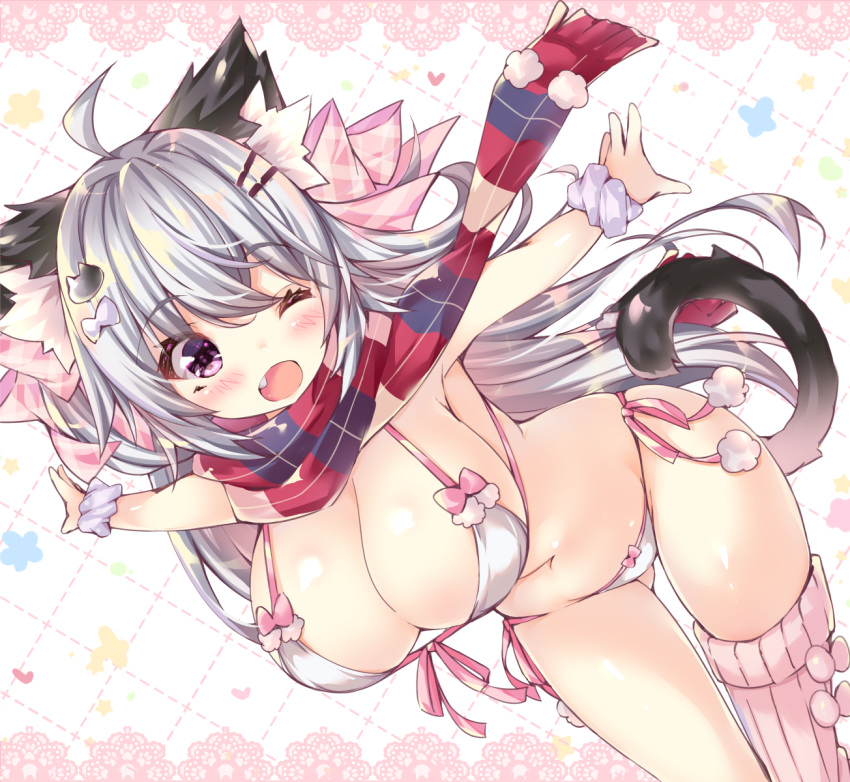 1girl ;o ahoge animal_ear_fluff animal_ears ass_visible_through_thighs asymmetrical_legwear bangs bikini blush bow breasts cat_ears cat_girl cat_hair_ornament cat_tail cleavage commentary_request eyebrows_visible_through_hair fang fringe_trim hair_between_eyes hair_bow hair_ornament hairclip highres large_breasts long_hair navel one_eye_closed ooji_cha open_mouth original outstretched_arms oziko_(ooji_cha) pink_bow pink_legwear plaid plaid_bow ribbed_legwear scarf scrunchie side-tie_bikini silver_hair single_thighhigh solo spread_arms swimsuit tail tail_raised thigh-highs very_long_hair violet_eyes white_bikini white_scrunchie wrist_scrunchie