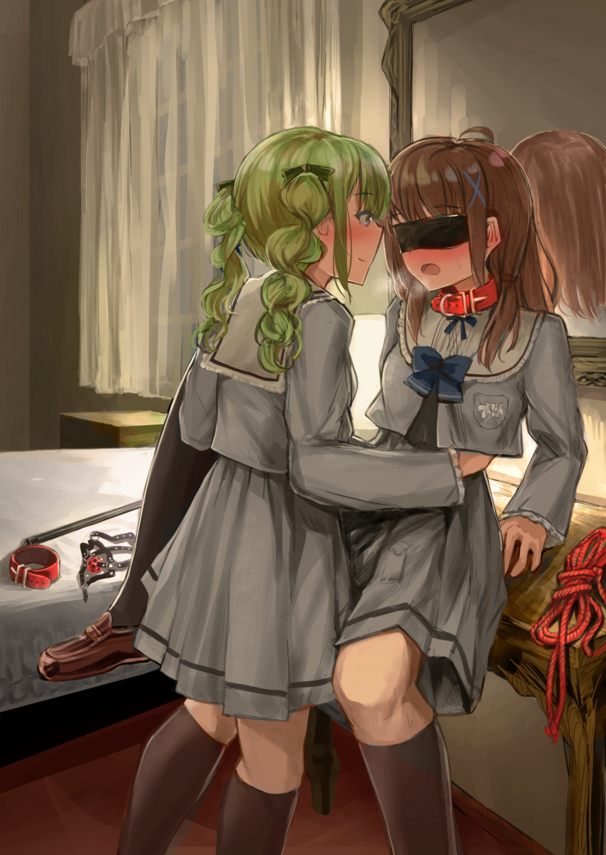 2girls ball_gag bed blindfold blonde_hair blush bow brown_hair collar crest curtains gag hair_ornament heavy_breathing highres loafers mirror multiple_girls neckerchief open_mouth original red_rope restrained ribbon ringocha_(appleteatea) rope school_uniform shoes skirt table twintails window x_hair_ornament yuri