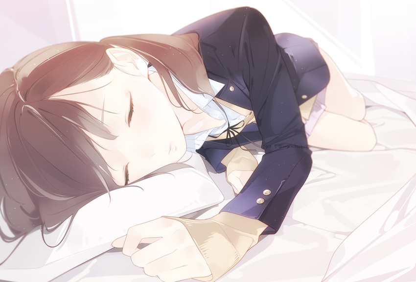 1girl ama_mitsuki bed_sheet beige_sweater black_ribbon blazer blue_jacket brown_hair buttons closed_eyes closed_mouth collared_shirt commentary_request dated facing_viewer full_body head_on_pillow indoors jacket legs_together long_sleeves lying medium_hair on_bed on_side original pillow pleated_skirt revision ribbon school_uniform shirt skirt sleeping solo twintails white_pillow white_shirt