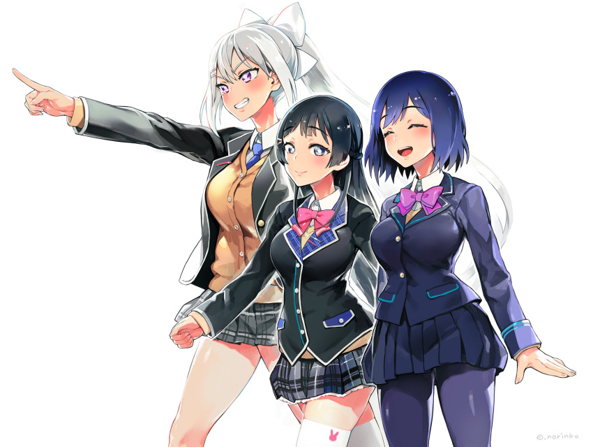 3girls :d black_hair black_jacket blue_eyes blue_neckwear blush bow bowtie braid breasts bright_pupils cardigan closed_eyes collared_shirt commentary_request eyebrows_visible_through_hair floating_hair french_braid grey_skirt grin hair_bow hair_ornament hairclip height_difference highres higuchi_kaede jacket large_breasts long_hair long_sleeves looking_at_viewer multiple_girls necktie nijisanji norinco open_clothes open_jacket open_mouth pantyhose pink_neckwear pleated_skirt pointing pointing_forward ponytail purple_hair purple_jacket purple_legwear purple_neckwear purple_skirt shirt shizuka_rin short_hair silver_hair simple_background skirt smile thigh-highs tsukino_mito very_long_hair violet_eyes walking white_background white_bow white_legwear white_shirt wing_collar