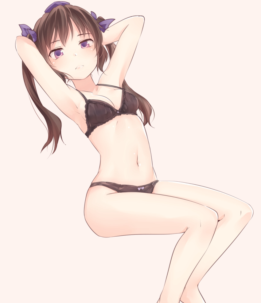 1girl armpits arms_behind_head arms_up bangs bare_arms bare_legs bare_shoulders barefoot beige_background black_bra black_panties blush bow bow_panties bra breasts brown_hair collarbone commentary_request feet_out_of_frame hair_bow hat highres himekaidou_hatate invisible_chair long_hair looking_at_viewer medium_breasts miyo_(ranthath) navel panties purple_bow simple_background sitting solo stomach thighs tokin_hat touhou twintails underwear violet_eyes